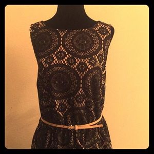 Beige dress with black lace overlay